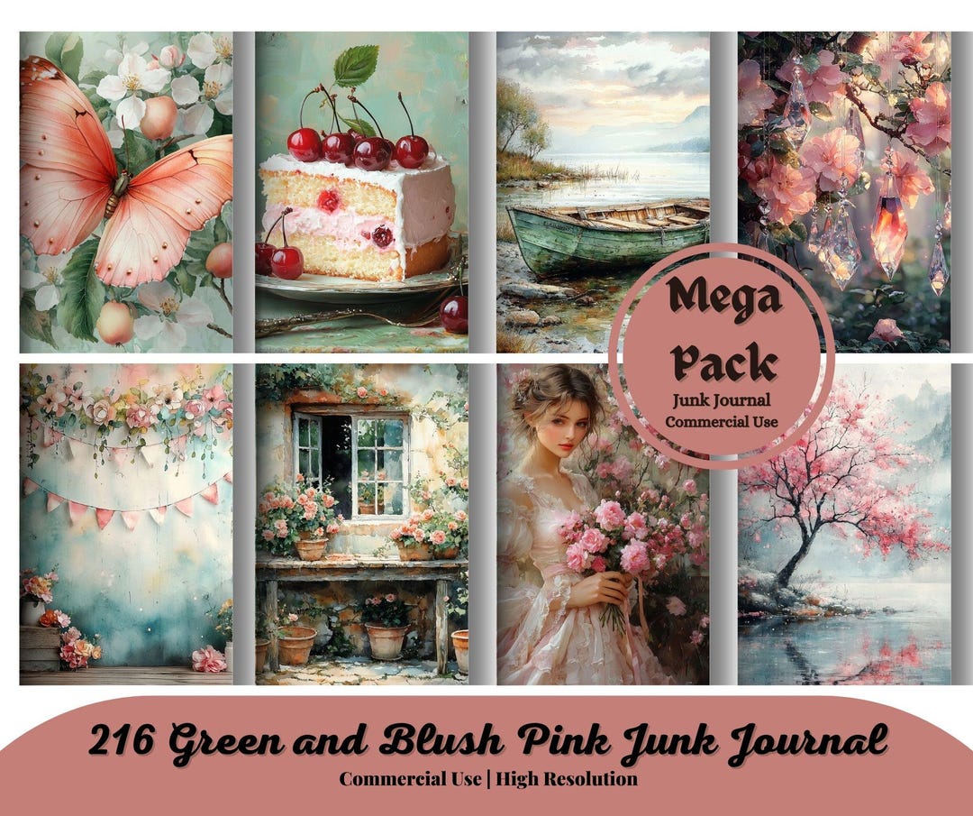 Green and Blush Pink Junk Journal Pages, Shabby Chic Style ...