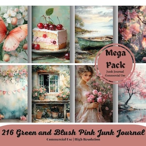Green and Blush Pink Junk Journal pages, Shabby chic style, scrapbooking images, collage, ephemera, digital paper, printable illustrations