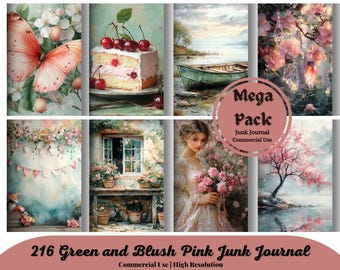 Peut inclure: Un collage numérique de 216 images pour le journalisation de rebuts. Les images présentent une variété de thèmes, notamment des fleurs, la nature et des objets vintage. Le collage est intitulé "216 Green and Blush Pink Junk Journal" et comprend le texte "Commercial Use | High Resolution".