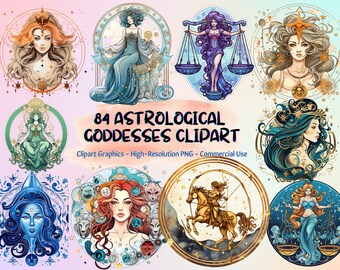 84 Astrological Goddesses Clipart PNG files , Zodiac signs Clipart, Astrology Horoscope Clip Art, Bundle for Commercial use 300DPI
