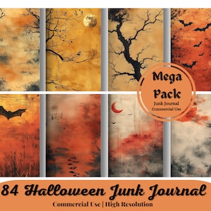 May include: A set of 84 digital papers featuring Halloween themes. The papers have a vintage, grunge aesthetic with orange, red, and brown colors. The papers feature bats, moons, and trees. The papers are perfect for junk journaling, scrapbooking, and other creative projects.  "Mega Pack" and "Junk Journal Commercial Use" are written on the image.