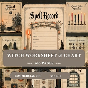 May include: A collection of printable pages including a Spell Record, Ritual Planner, Candle Color Meanings, Crystal Chart, and Symbols of Protection. The documents feature vintage-style paper, black text, and botanical illustrations with 100 pages total.