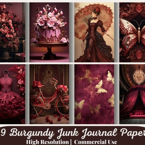 69 Big Bundle, Burgundy Junk Journal Paper, Digital Download, Watercolor, Mixed Media, Pattern, Carriage, Castle, Music, Princess