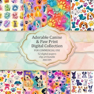 Dogs Digital Paper Pack 52 Cute Puppy Pet Seamless Backgrounds for Scrapbooking, Cards &Animal Crafts