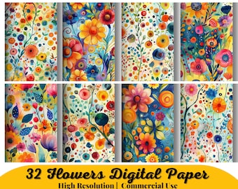 32 Flowers Digital Paper, Commercial Use, Watercolor Flower Backgrounds, Printable Paper Set, Scrapbooking Paper, Crafts, Diy, Vintage Paper