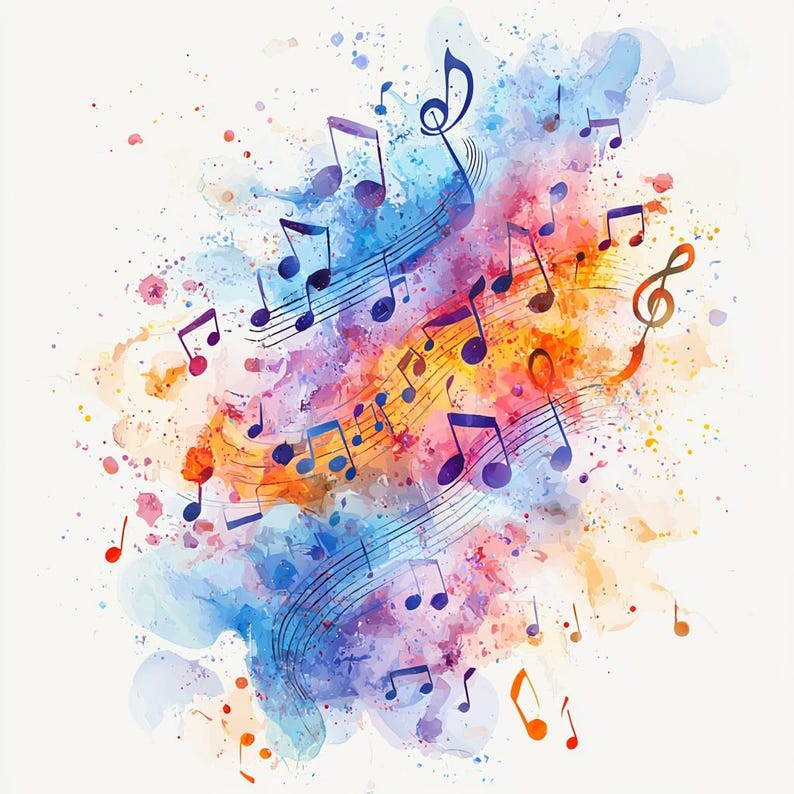 May include: Abstract watercolor background with colorful splashes and musical notes in purple, blue, orange, and yellow.