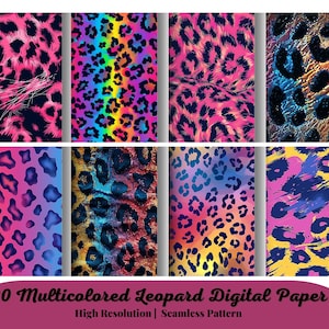 Puede incluir: 20 papeles digitales con una variedad de patrones de estampado de leopardo de colores. Los patrones incluyen rosa, azul, amarillo y negro.