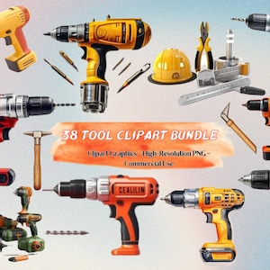 Lot de 38 outils clipart, PNG aquarelle, fond transparent, sublimations DIY, graphiques d&#39;outils