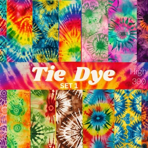 May include: A set of 12 digital tie dye patterns in various colours, including blue, green, yellow, orange, red, and purple. The patterns are high resolution and 300 DPI. The text "Tie Dye Set 1 High Res 300 DPI" is displayed on the image.