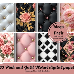 Papel digital floral rosa e dourado, papel para scrapbook sem costura dourado e rosa, fundos de flores aquarela rosa, pacote de papel