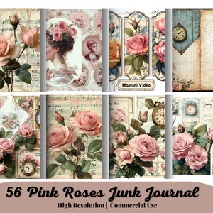 56 Junk Journal, Vintage,Shabby Chic Pink Roses Journal Pages & Ephemera Labels Flowers Printable Digital Download Scrapbooking Floral Pages