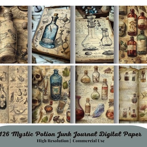 126 Mystic Potion Junk Journal-pagina's, digitaal plakboek, vintage ephemera, heksencollageblad, boek magische spreuk, afdrukbare alchemie