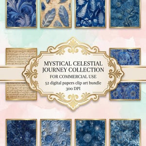 Puede incluir: Una colección de papeles digitales con temática mística. Los papeles presentan varios diseños azules y dorados, incluyendo plumas, patrones florales y motivos celestiales. El texto en la imagen dice "MYSTICAL CELESTIAL JOURNEY COLLECTION" y "52 digital papers clip art bundle".