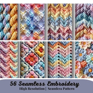 56 nahtlose hochauflösende Häkel- und Strickmuster-Hintergründe, nahtlose Stickerei, kommerzielle Lizenz, sofortiger Download, Stoffdruck