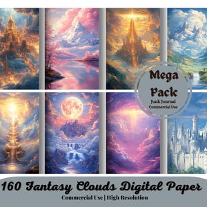 Printable Fantasy Clouds Digital Paper, Cloudy Sky Background, Sky Landscape Backdrop, Download Junk Journal, Scrapbooking, Magical Clouds
