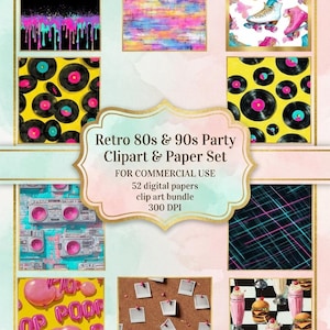 May include: A digital paper set with a retro 80s and 90s theme. The set includes various designs such as roller skates, vinyl records, and abstract patterns. The text on the image reads "Retro 80s & 90s Party Clipart & Paper Set" and "FOR COMMERCIAL USE".