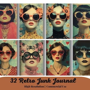 32 gafas de sol divertidas, páginas de diario basura retro, material efímero imprimible para hacer álbumes de recortes y tarjetas, suministros para collage, descarga digital