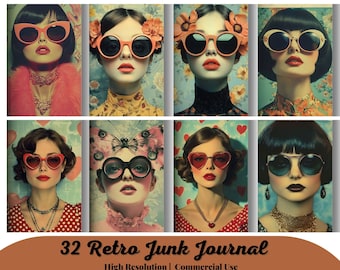 May include: A collage of 32 retro junk journal pages featuring women wearing various styles of sunglasses. The pages have a vintage aesthetic with floral and heart patterns.