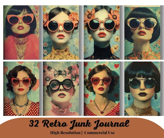 32 Funky sunglasses, retro junk journal pages, printable ephemera for scrapbooking and card making, collage supplies, digital download