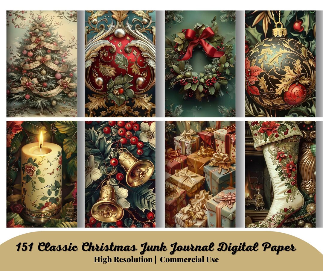 151 Classic Christmas Junk Journal Pages, Digital Scrapbook Paper Kit ...