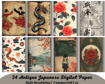 34 Antique Japanese digital paper, vintage asian pattern, old Japan writing, antique texture, cherry blossom, grunge flowers, Vintage Card