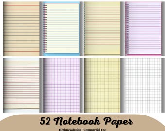 Notebook Paper in Digital format for printing at home, back to school writing paper and graph paper instant download for commercial use