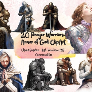 20 guerriers de prière, armure de Dieu Clip Art, armure complète de Dieu PNGs, PNG chrétien, téléchargement numérique, usage commercial, clipart prière