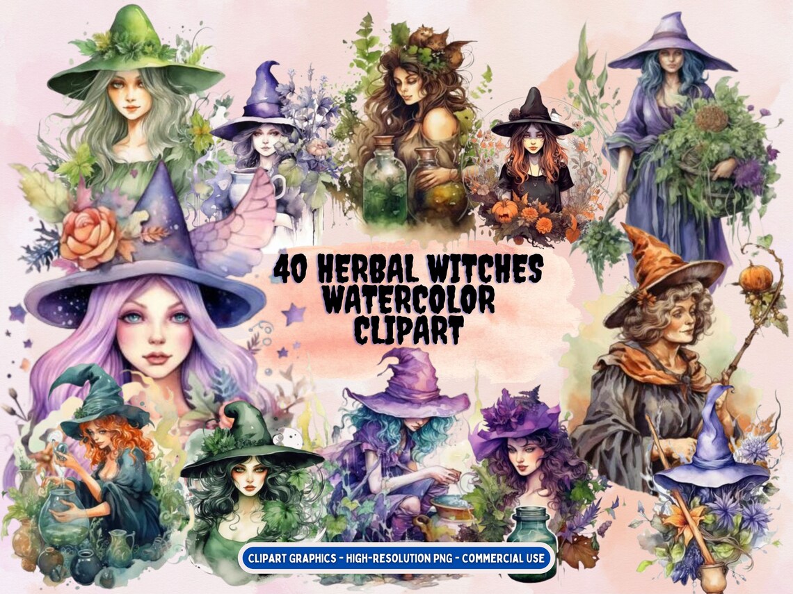 40 Herbal Witches Watercolor Clipart Bundle - PNG Fairytale Images ...