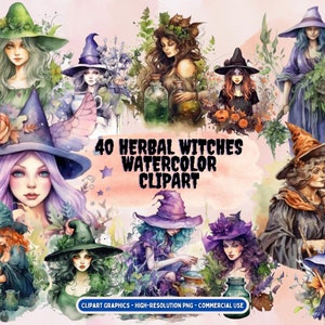 Pacote de clipart de aquarela de 40 bruxas herbais - Imagens de contos de fadas PNG, gráficos mágicos de fantasia, PNG, download digital instantâneo, uso comercial