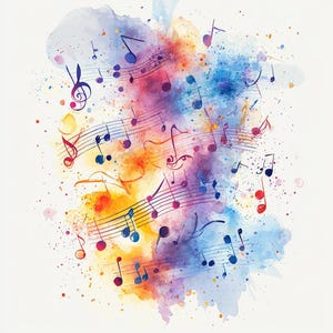 May include: Abstract watercolor painting with musical notes and a colorful background. The notes are in black and the background is a mix of blue, purple, orange, and yellow.