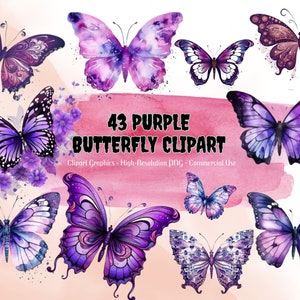 43 Lila Schmetterling Clipart, Blumen Clipart, Png Dateien mit transparentem Hintergrund, Frühling Clipart, Garten Clipart, Blumen INSTANT DOWNLOAD