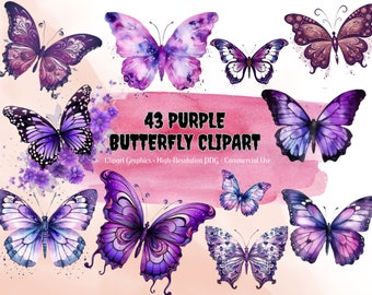 43 Purple Butterfly Clipart, Flowers clipart, png files with Transparent Background, Spring Clipart, Garden Clipart, floral INSTANT DOWNLOAD