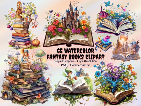 PNG Watercolor Fantasy Books Clipart, Open Book Clip Art, Book Bundle PNG,  vintage books stacklibrary clip art, old books, Magic Books