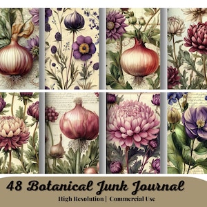 48 Kit digital de diário botânico vintage, páginas de diário decorativas para impressão floral, folha de colagem de ervas, kit de papel para scrapbook, natureza