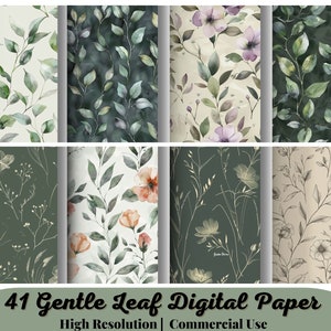 41 Gentle Leaf digitaal papier, aquarel plakboekpapier, naadloze patronen, digitale achtergrond, afdrukbare papierset, bloemen bladeren, JPG