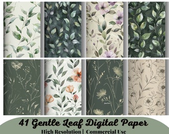 41 Gentle Leaf Digital Paper, Watercolor Scrapbook Papers, Seamless Patterns, Digital Background, Printable Paper Set, Floral Leaves, JPG