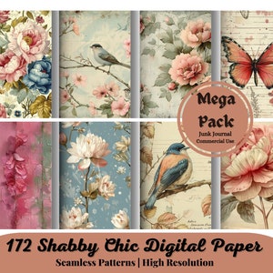 172 Shabby Chic Digital Paper Bundle, Vintage Farmhouse & Floral Decoupage Set, Floral Printable Decoupage, Mega Pack, Download istantaneo, JPG