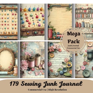 179 vintage naai-junk journal kit naaien plakboek digitale afdrukbare pagina's vintage junk journal supplies naaien shabby chic achtergronden