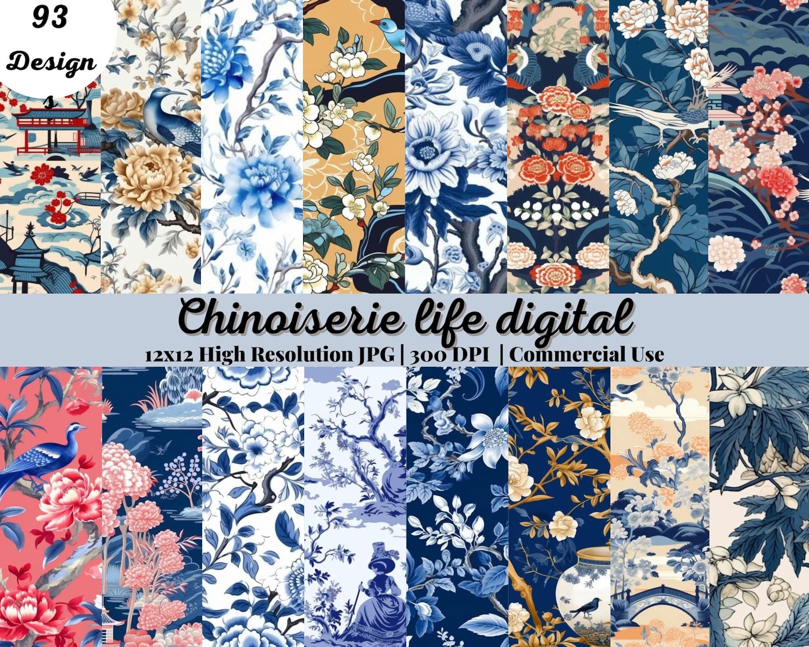 93 Chinoiserie Life Digital Paper Blue Chinese Wallpaper Etsy