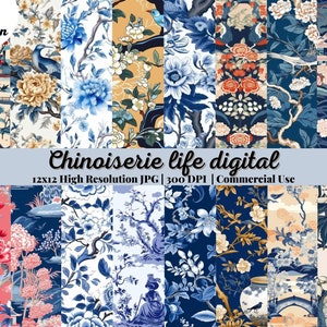 93 Chinoiserie life digital paper blue Chinese wallpaper  ceramic background asian oriental pattern french paper toile de jouy paper