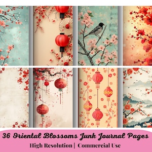 36 pagine di diario spazzatura Oriental Blossoms, carta digitale asiatica, carta per scrapbooking, forniture per diario, progetti creativi, artigianato