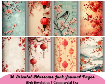 May include: A set of 36 Oriental Blossoms Junk Journal Pages. The pages showcase watercolour illustrations of cherry blossoms, red lanterns, and a bird on a branch. The colour scheme includes red, pink, and teal.