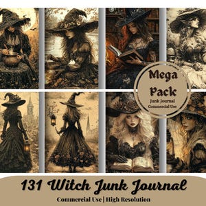 May include: A digital download of 131 witch-themed images for junk journaling. The images feature witches in various poses, including reading books, stirring cauldrons, and holding lanterns. The images are in a vintage style with a sepia tone.