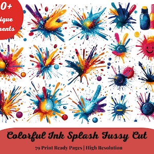 Colorful Ink Splash Fussy Cut, Color Splash, Paint Splatter, Ink splatter Colorful Graphics, Clipart Bundle, High Resolution, Commercial Use