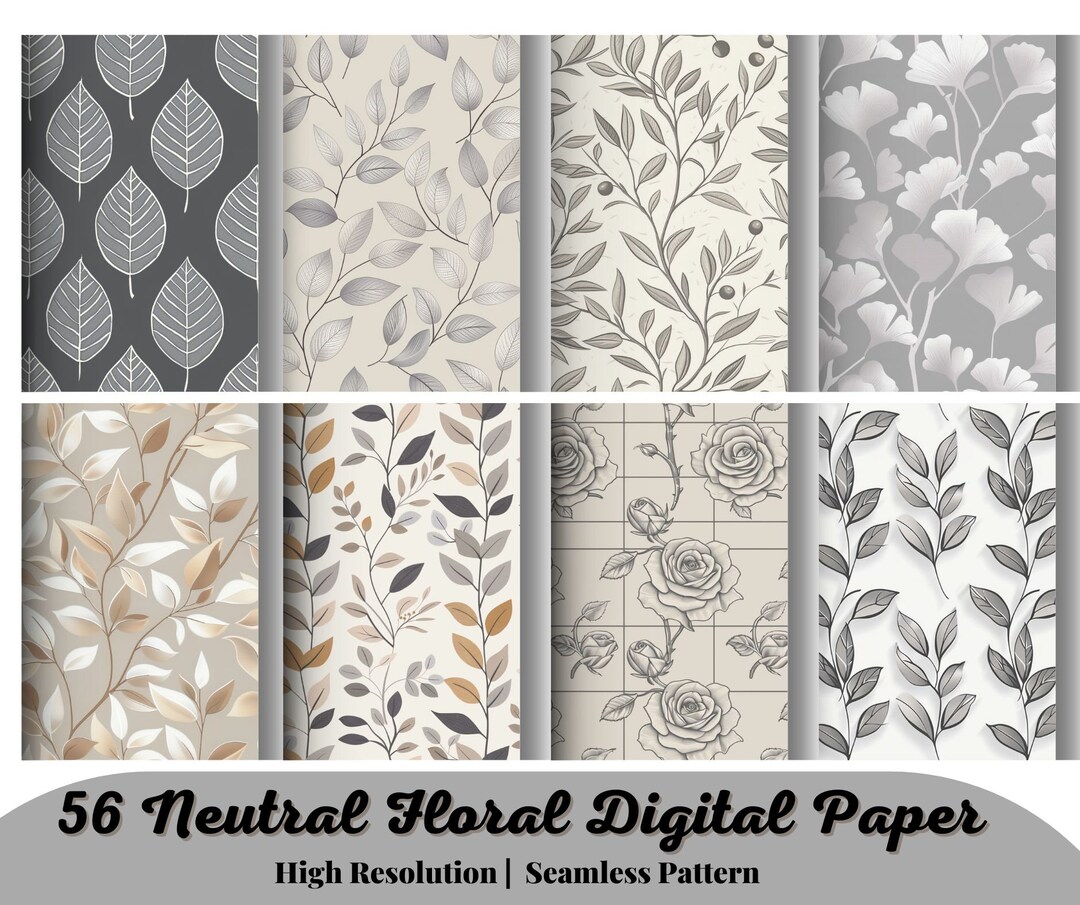 56 Neutral Floral Digital Paper Set, Seamless Textures, Flower Patterns ...