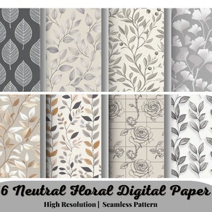 56 neutrale bloemen digitale papierset, naadloze texturen, bloempatronen, lente achtergronden, grijspatronen, afdrukbaar, commercieel gebruik, JPG