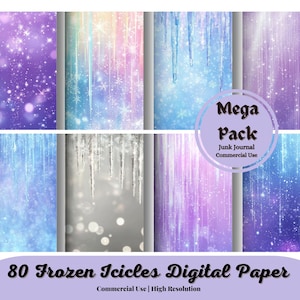 Peut inclure: Un pack de papier numérique avec 80 designs différents représentant des glaçons congelés dans différentes couleurs, notamment le bleu, le violet et le blanc. Le pack est intitulé "Mega Pack" et "Junk Journal Commercial Use".
