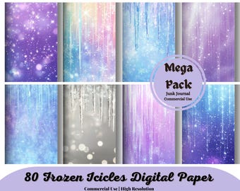Papel digital de carámbanos congelados, fondos de hielo invernal y copos de nieve, papel de álbum de recortes imprimible para uso comercial