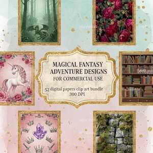 May include: A digital art bundle featuring fantasy designs for commercial use. The collection includes images of a dragon in a forest, roses, a unicorn, a bookshelf, crowns, and a stone wall. The text reads "MAGICAL FANTASY ADVENTURE DESIGNS".