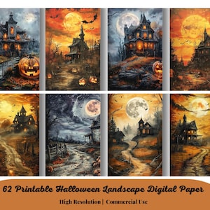 62 druckbare Halloween-Landschaft, digitales Papier, Aquarell-Halloween-Szenen, gruselige Seiten, Download Junk Journal, Scrapbooking, Kartenherstellung